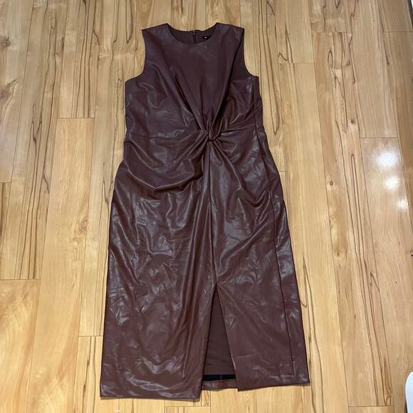 Express Faux Leather Twist Front Midi Dress XL Brown Sleeveless Bodycon - Picture 5 of 13